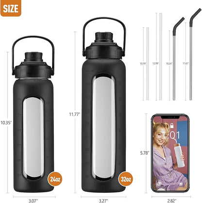 Kodrine Water Bottle with Straw, 24 oz Glass water Bottle with 2 Lids Bamboo Straw Lid and Spout Lid with Handle, 32 oz Clear Water Bottle Glass for Sports Travel, Waterbottle with Time Marker