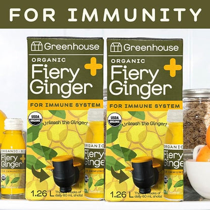 Greenhouse Juice Organic Fiery Ginger Wellness Shot Box Multipack 1.26L Ginger, Turmeric, Lemon, Black Pepper & Oregano | Immunity Wellness + Antiflammatory (Bag-in-Box Dispenser 2 Pack, Fiery Ginger)