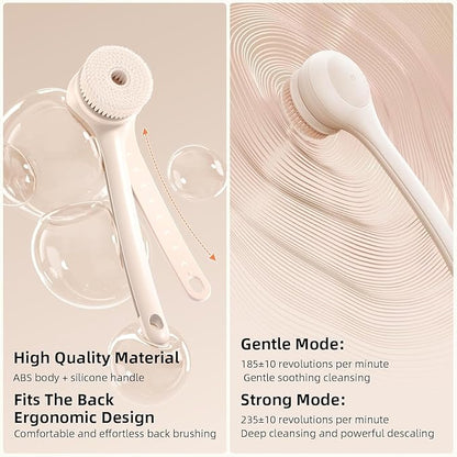 Electric Body Brush Back Scrubber for Shower, Waterproof Long Dual Handle Power Body Scrubber with 3 Heads, Rechargeable Bath Brush & 2 Speeds, for Cleansing, Exfoliating and Massaging Skin