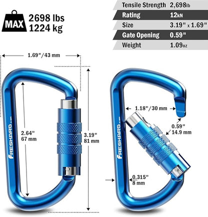 FresKaro 3inch 12kN-2698lbs Auto Locking Carabiner Clips, Solid D Shape, Heavy Duty 7075 Aluminum, Lightweight 1.09oz, Rust Proof, for Hammock, Hiking, Dog Leash, Keychain etc., Multi-Colors