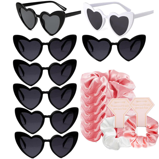 1+7 Pack Bachelorette Party Favor Retro Heart Sunglasses and Bridesmaid Scrunchies Set (Pink)