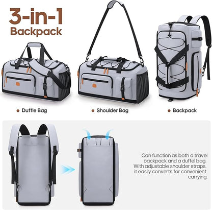Gym Bag for Men and Women with Shoe & Laptop Compartment, 3-in-1 Sports Travel Duffel Bag Anti-Theft Weekender Carry-On Backpack for Airplane & Workout, Overnight Travel Bag,35L (Light Grey, Medium)
