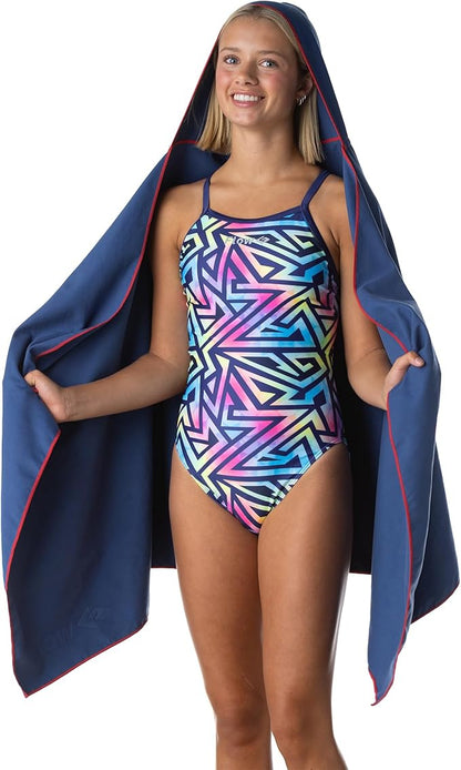 Flow Hydro Sport Towel - Microfiber Quick Dry Swimming Towels for Swim, Pool, Triathlon, and Other Water Sports in Medium, Large, Extra Large, and Hooded Sizes (Navy, Large w/Hood)