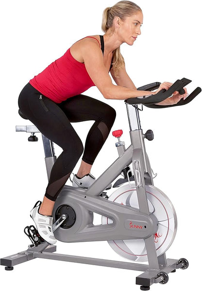Sunny Health & Fitness Indoor Cycling Exercise Bike w/Pulse Sensors & 4-Way Adjustable Seat, Stationary Home Cardio Training Machine w/Micro-Adjustable Magnetic Resistance for Intensive Cardio Session