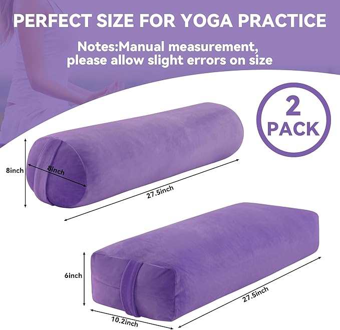 ROYALAY 2 Pcs Yoga Bolster Pillow for Restorative Yoga, Rectangular and Cylinder Meditation Pillow Set with Carrying Handles, Supportive Cushion for Exercise Workout Stretching Meditation,Purple