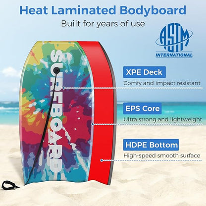 Goplus 41''/37''/33'' Lightweight Body Board for Beach, Surf Board with EPS Core, XPE Deck, HDPE Slick Bottom, Wrist Leash, Bodyboard for Kids Adults Surfing
