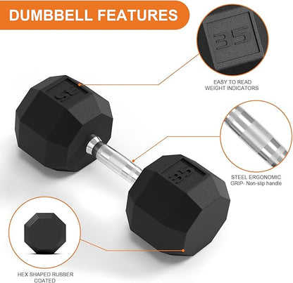 Rubber Coated Hex Dumbbell Weight Set, Multiple Sizes Exercise & Fitness Dumbbells,100LB Set,110LB Set,200LB,350LB,450LB,550LB, 35-50Lbs Pairs for Muscle Toning, Strength Building & Full Body Workout