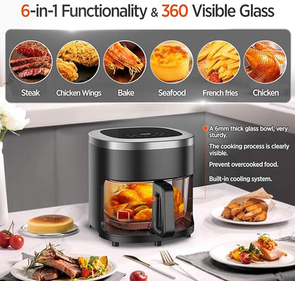 4.5QT Air Fry,Glass Air Fryer,6-IN-1 Air Fryer with Viewing Glass Pot,Roast, Reheat, Dehydrate, Air Crisp Technology,Nonstick & Dishwasher Safe Basket,97% Less Oil,Features Digital Timer