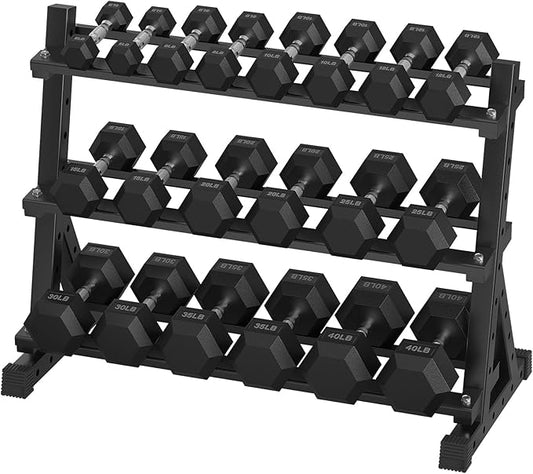Hex Dumbbell Sets with Rack, 290-670 lb Rubber Encased Exercise & Fitness Dumbbells Set, Hand Weight for Strength Training, Weight Dumbbells