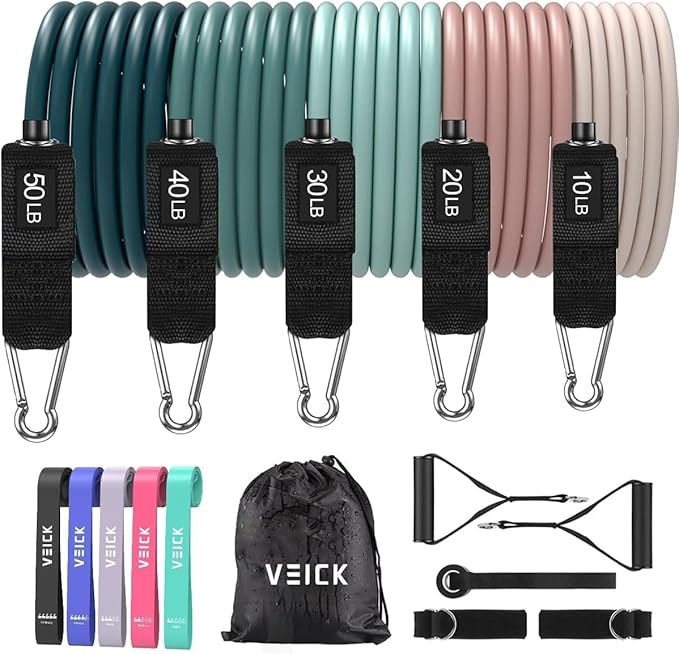 VEICK Resistance Bands, Exercise Bands for Working Out with Handles, Elastic Workout Bands for Men Women, Exercising Bands for Strength Training Equipment at Home Gym