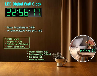 26'' Extra Large Home Gym Timer Clock, Programable Workout Interval Timer, Digital Wall Clock, with 7-Color Night Light, 8 Alarm Clocks, Calendar/Temperature, Countdown & Stopwatch (Green)