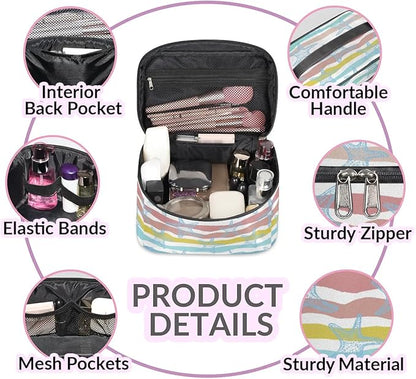 Large Makeup Bag Travel Cosmetic Bags for Women Teal Blue Cute Stripe Nautical Starfish Makeup Organizer Case Toiletry Bag for Girls Traveling Wide Open Portable Pouch with Handle