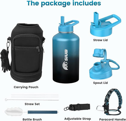 Insulated Water Bottle 64 oz, Triple Wall Vacuum Stainless Steel(Cold for 48 Hrs),Leak Proof & BPA-Free,Half Gallon Water Bottle with Reflective Paracord & Flip Straw for Sports & Travel, Indigo-Black