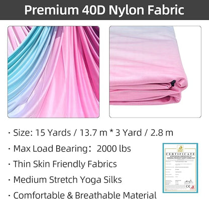 PRIOR FITNESS Aerial Silks Kit Colorful 9/15/20 Yards 40D Nylon Fabric Hammock Set With Hardware & Guide for All Levels Of Aerial Yoga Practice and Acrobatic Flying For Adults Aerial silk