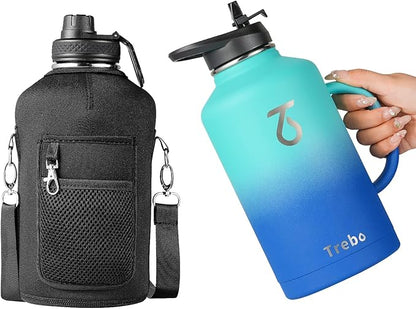 Trebo Half Gallon Water Bottle Insulated with Handle, 64 oz Double Wall Stainless Steel Metal Large Jug, Travel Flask with Straw Spout Lid, Mug Tumbler Cup with Carry Pouch, Keep Cold Hot, Blue