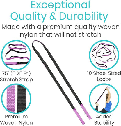 Vive Stretch Strap (75" - 10 Loops) - Leg Stretch Band to Improve Flexibility - Stretching Out Yoga Strap - Exercise and Physical Therapy Belt for Rehab, Pilates and Gymnastics with Guide Book