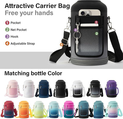 Insulated Water Bottle | Thickened Stainless Steel Vacuum Metal | Portable Sports Half Gallon Large Water Jug for Gym and Hiking with Straw, Carrier Bag, Handle Strap | BPA-Free 64 oz