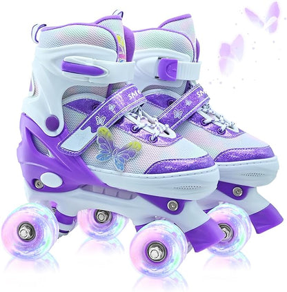 Kids Roller Skates for Girls-Outdoor 4 Size Adjustable Butterfly Quad Rollerskates for Indoor Ages 3-12 Years Beginners Children's Birthday Gift with Light Up Wheels patines para niñas Indoor