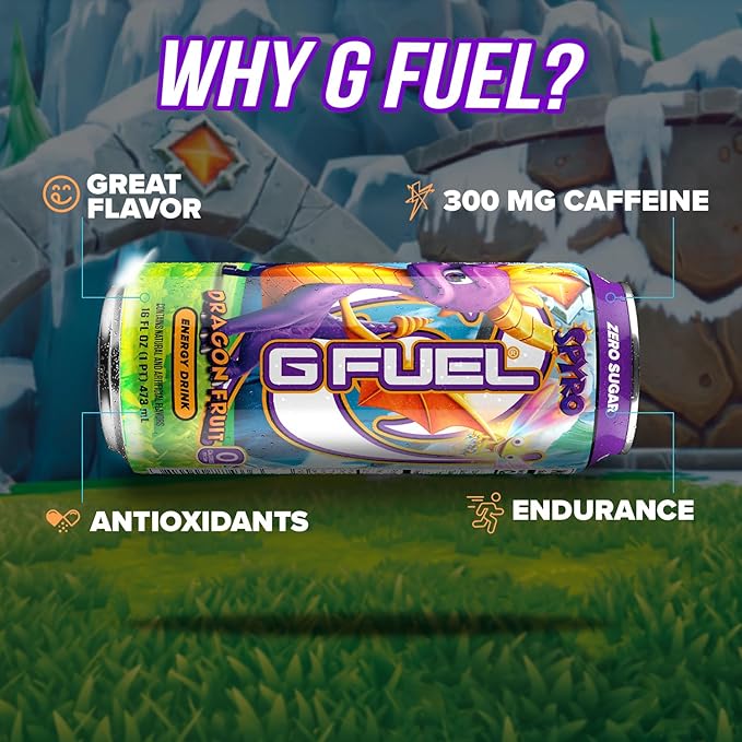 G Fuel Energy Drink, Dragon Fruit, Sugar Free Beverage with 140mg Caffeine, Daily Energy Boost with Focus Amino, Vitamin + Antioxidants, 16 oz Cans (Spyro the Dragon, 12-Pack)