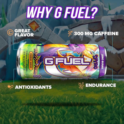 G Fuel Energy Drink, Dragon Fruit, Sugar Free Beverage with 140mg Caffeine, Daily Energy Boost with Focus Amino, Vitamin + Antioxidants, 16 oz Cans (Spyro the Dragon, 12-Pack)
