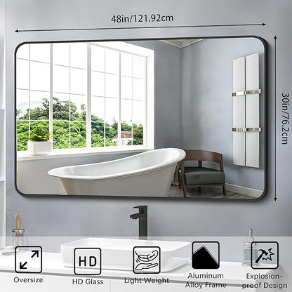 FORBATH Black Bathroom Mirror, Rectangular Vanity Mirror 30 x 48 Inch Wall Rounded Corner Metal Framed Bathroom Mirror for Living Room Bedroom Entryway Decor (Horizontal/Vertical)