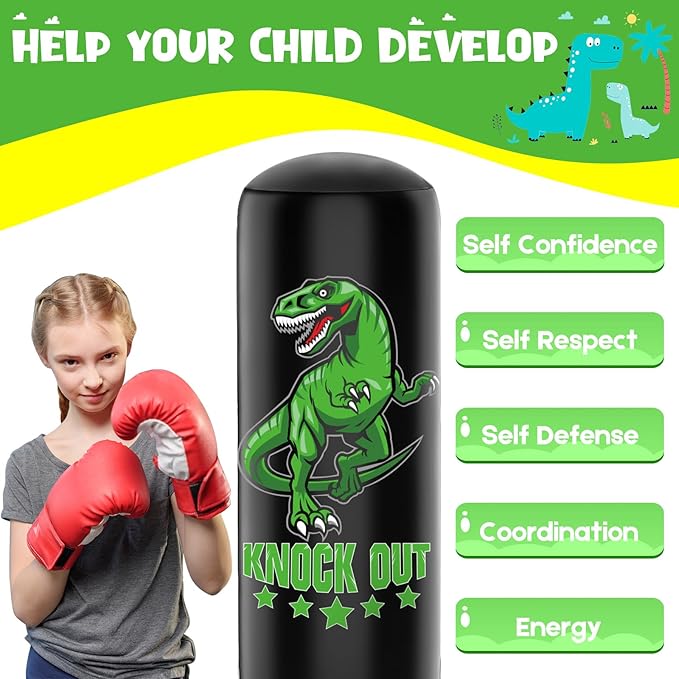 Larger Stable Dinosaur Punching Bag for Kids, 66" Tall Sports Kids Teens Inflatable Punching Bag with Boxing Gloves, Gifts for Boys & Girls Age 5-12 for Practicing Karate, Taekwondo, MMA