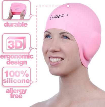 3D Swim Caps - Ear Protection Swimming Cap for Women & Men - Silicone, Waterproof - Fits Long & Short Hair - Adult & Youth