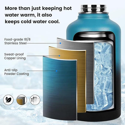 Insulated Water Bottle 128 oz, Triple Wall Vacuum Stainless Steel(Cold for 48 Hrs),Leak Proof & BPA-Free,One Gallon Water Bottle with Reflective Paracord & Flip Straw for Sports & Travel, Indigo-Black