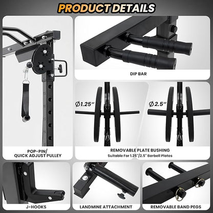 GaveeLife Power Cage, 2000 LBS Power Rack with Cable Cross-Over System, Multi-Functional Strength Training Squat Rack with LAT Pull Down System, Home Gym Equipment with Training Attachment, Red