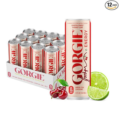 GORGIE Jordyn Jones Cherry Lime, Sugar-Free Natural Energy Drink Sparkling, Healthy Energy Drinks - Green Tea, Biotin, B Vitamins -150mg Caffeine, Vegan, & Low Calorie (Pack of 12)