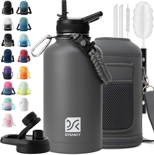 Insulated Water Bottle | Thickened Stainless Steel Vacuum Metal | Portable Sports Half Gallon Large Water Jug for Gym and Hiking with Straw, Carrier Bag, Handle Strap | BPA-Free 64 oz