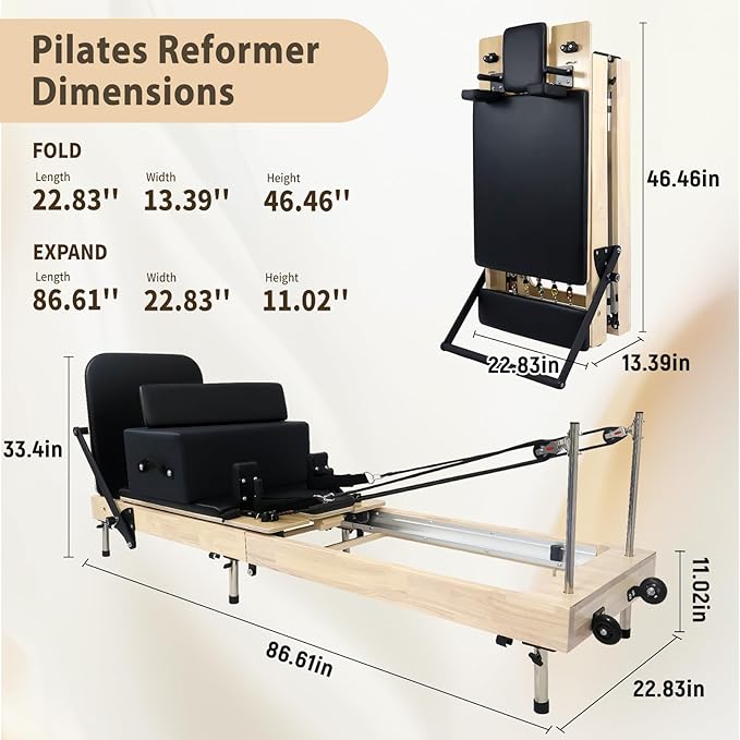 Foldable Pilates Reformer with Sitting Box, Double Jump Boards – Wooden Pilates Reformer Machine with Velvet Straps, German Springs, Smooth Aluminum Rails, Pilates Machine for Home