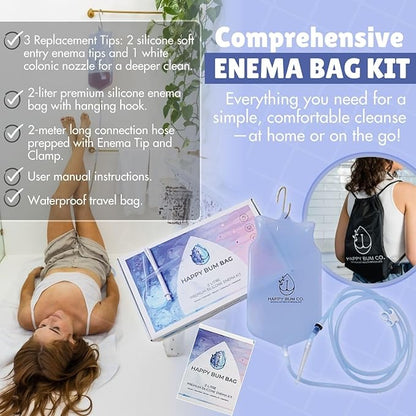 Happy Bum Bag Enema Kit | 6.5ft Silicone Hose, 2L Non-Toxic Silicone Enema Bag with 3 Replacement Tips | Reusable Coffee Enema Kit Suitable for Water & Coffee Enemas for Colon Cleanse for Women & Men