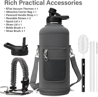 Insulated Water Bottle | Thickened Stainless Steel for Gym and Hiking with Straw, Carrier Bag, Handle Strap | BPA-Free 87 oz