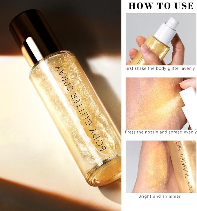Body Glitter Spray, Moisturizing Bronze Body Shimmer Luminizer Glow Illuminator Quick-Drying and Non-Sticky Liquid Highlighter Spray for Face Hair Glitter, 60ML -Gold