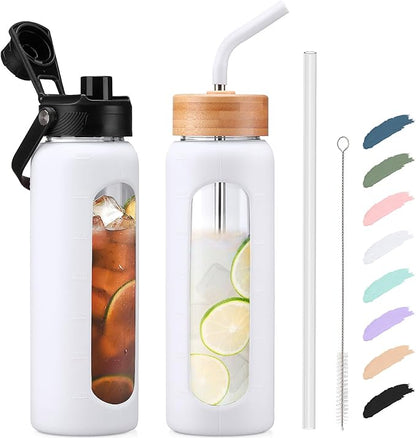 Kodrine Water Bottle with Straw, 24 oz Glass water Bottle with 2 Lids Bamboo Straw Lid and Spout Lid with Handle, 32 oz Clear Water Bottle Glass for Sports Travel, Waterbottle with Time Marker