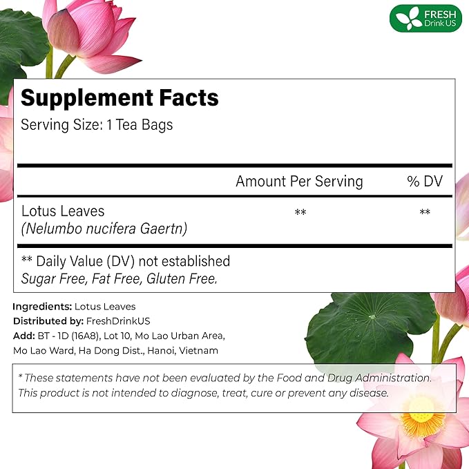 FreshDrinkUS, Premium 75 Lotus Leaf Tea Bags, 100% Natural & Pure from Lotus Leaves. Loose Leaf Lotus Herbal Tea. Made with Eco-Conscious Tea Bags. No Sugar, No Caffeine, No Gluten, Vegan.