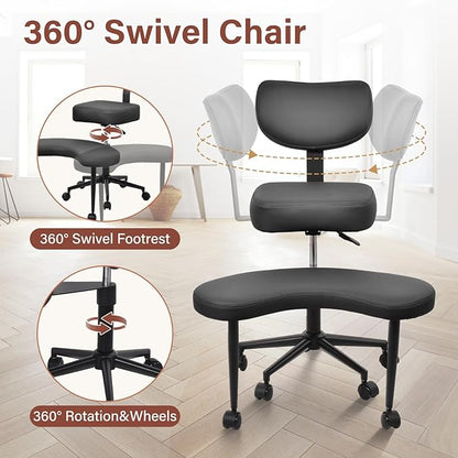 Meditation Chair Cross Legged ADHD Office Chair for Adults with Wheels Ergonomic Back Support and Leg Rest for Multi Position Criss Cross Sitting Kneeling and Yoga Height Adjustable, Leather Style