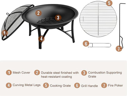 Fire Beauty Fire Pit for Outside Wood Burning,BBQ Grill Steel Fire Bowl with Cooking Grate,Spark Screen Cover,Log Grate,Poker for Camping Beach Bonfire Picnic Backyard Garden