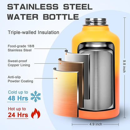 Insulated Water Bottle 64 oz, Half Gallon Water Jug Cold 48H, BPA Free Stainless Steel Bottles with Straw/Chug 2-in-1 Lid, Bag, Paracord Handle, Silicone Boot, Sports Gym School Metal Flask