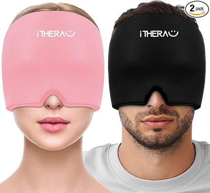 iTHERAU Migraine Ice Head Wrap-Headache Relief Hat, Migraine Relief Cap, Cold Therapy Headache Relief Cap Pink&Black Headache Ice Pack for Puffy Eyes, Tension, Sinus & Stress Relief