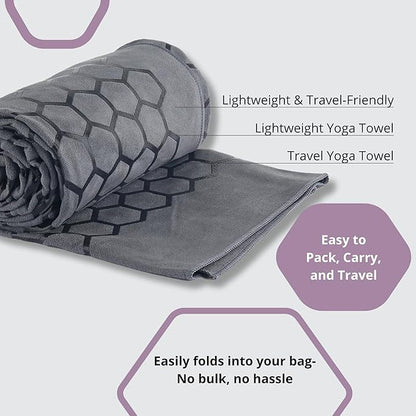 Clever Yoga Non-Slip Hot Yoga Towel – Non-Slip Grip for Hot Yoga, Sweat Absorbent, Honeycomb Silicone Grip, Stays Flat – Ideal for Pilates, Travel, Washable & Lightweight - Gray