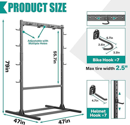 EVERHANGER Freestanding Bike Stand Rack with Adjustable Hooks, Vertical Bike Stand for Garage, Bicycle Storage Organizer, Holds Up to 7 Bikes & 7 Helmets