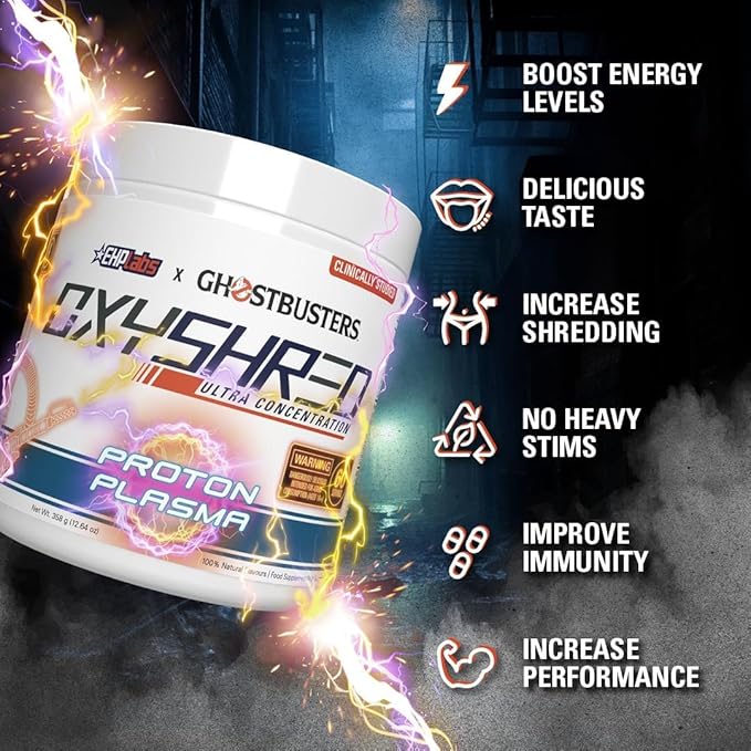 EHP Labs x Ghostbusters OxyShred Pre Workout Powder & Shredding Supplement - Preworkout Powder with Acetyl L Carnitine, Energy Boost Drink - Proton Plasma, 60 Servings