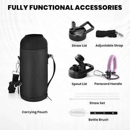 Insulated Water Bottle 40 oz, Triple Wall Vacuum Stainless Steel (Cold for 48 Hrs), Leak Proof & Non-BPA, Modern Water Flask Jug with Paracord Handle & Straw Spout Lids, Lilac