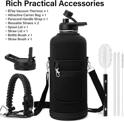 Insulated Water Bottle | Thickened Stainless Steel for Gym and Hiking with Straw, Carrier Bag, Handle Strap | BPA-Free 87 oz