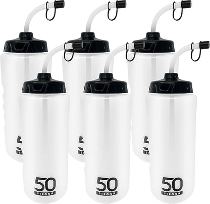 50 Strong 1 Liter BPA-Free Plastic Round Sports Water Bottle with Straw - 6 Pack