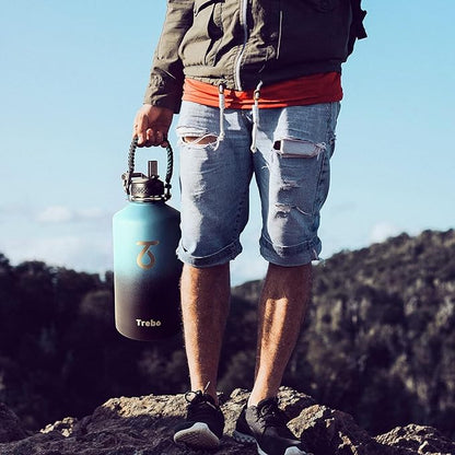 Trebo One Gallon Water Bottle Insulated with Paracord Handle,128oz Large Stainless Steel Water Jug,Vacuum Double Wall Insulated 24hr Cold Retention,Leakproof Flask with 3 Lids,Indigo Black