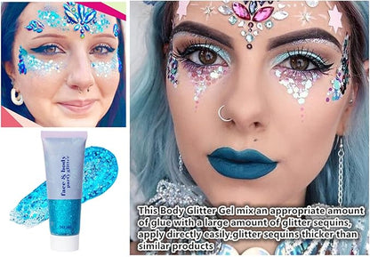 Go Ho Light Blue Face Body Glitter Gel,Blue Mermaid Face Paint Makeup,Holographic Chunky Sequins Glitters for Eye Lip Hair,Halloween Costumes Festival Rave Accessories,52g
