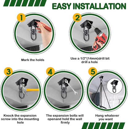 Hammock Hanging Kit, Porch Swing Hanging Kit 1200 Lb Capacity, Hammock Ceiling Hooks Heavy Duty 360°Rotating Hanging Swing Chair Hardware for Hammock Chair Stand, Porch, Yoga, Gym